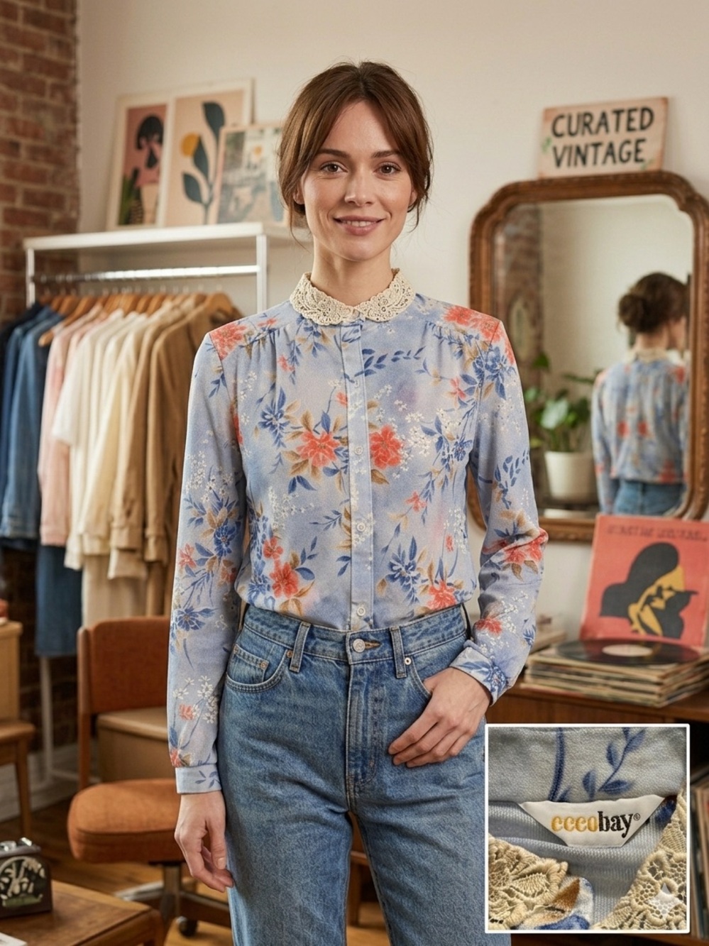 Vintage 70s Eccobay Floral Blouse with Crochet Lace Collar – Blue & Coral